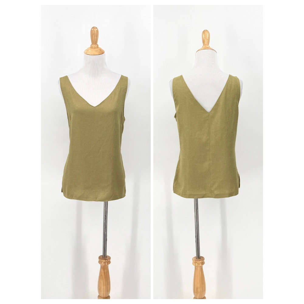 MM.LaFleur Tank Top Women Medium Green Sleeveless V-Neck Textured Triacetate